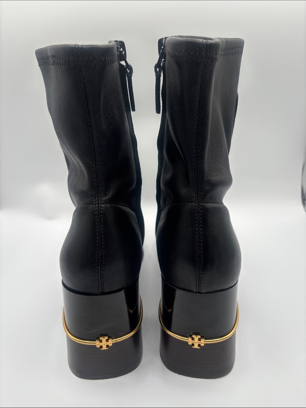 Black Leather Mid-Calf Block Heel Boots with Gold Accent